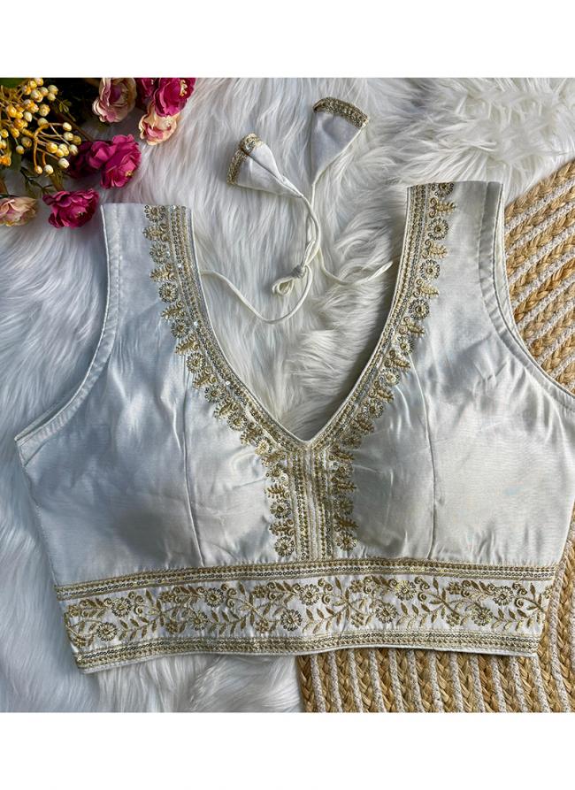 Roman Silk White Party Wear Embroidery Work Readymade Blouse